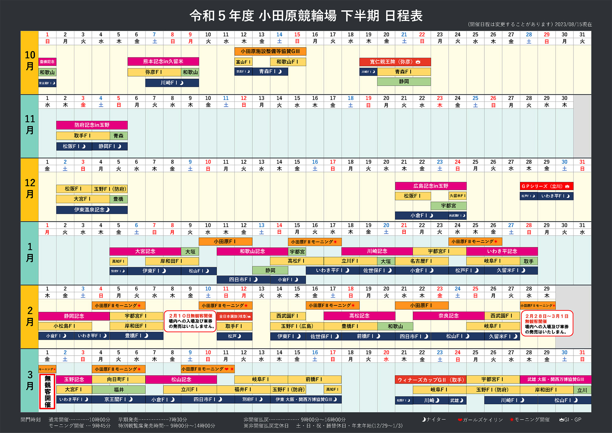 令和5年度小田原競輪場下半期カレンダー