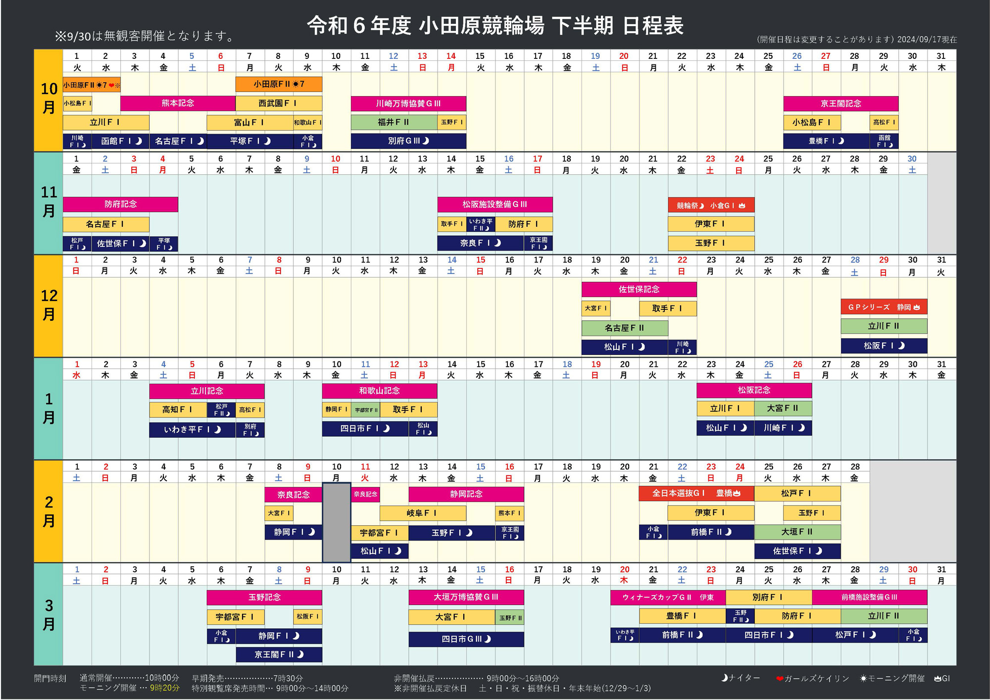 令和6年度小田原競輪場下半期カレンダー